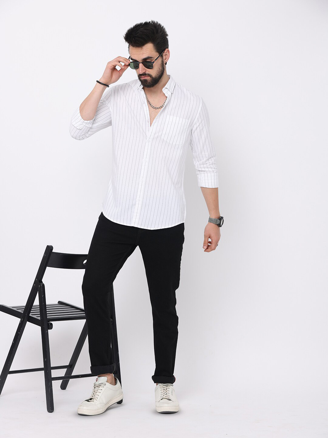 

FLY 69 Spread Collar Long Sleeves Striped Premium Slim Fit Casual Shirt, White