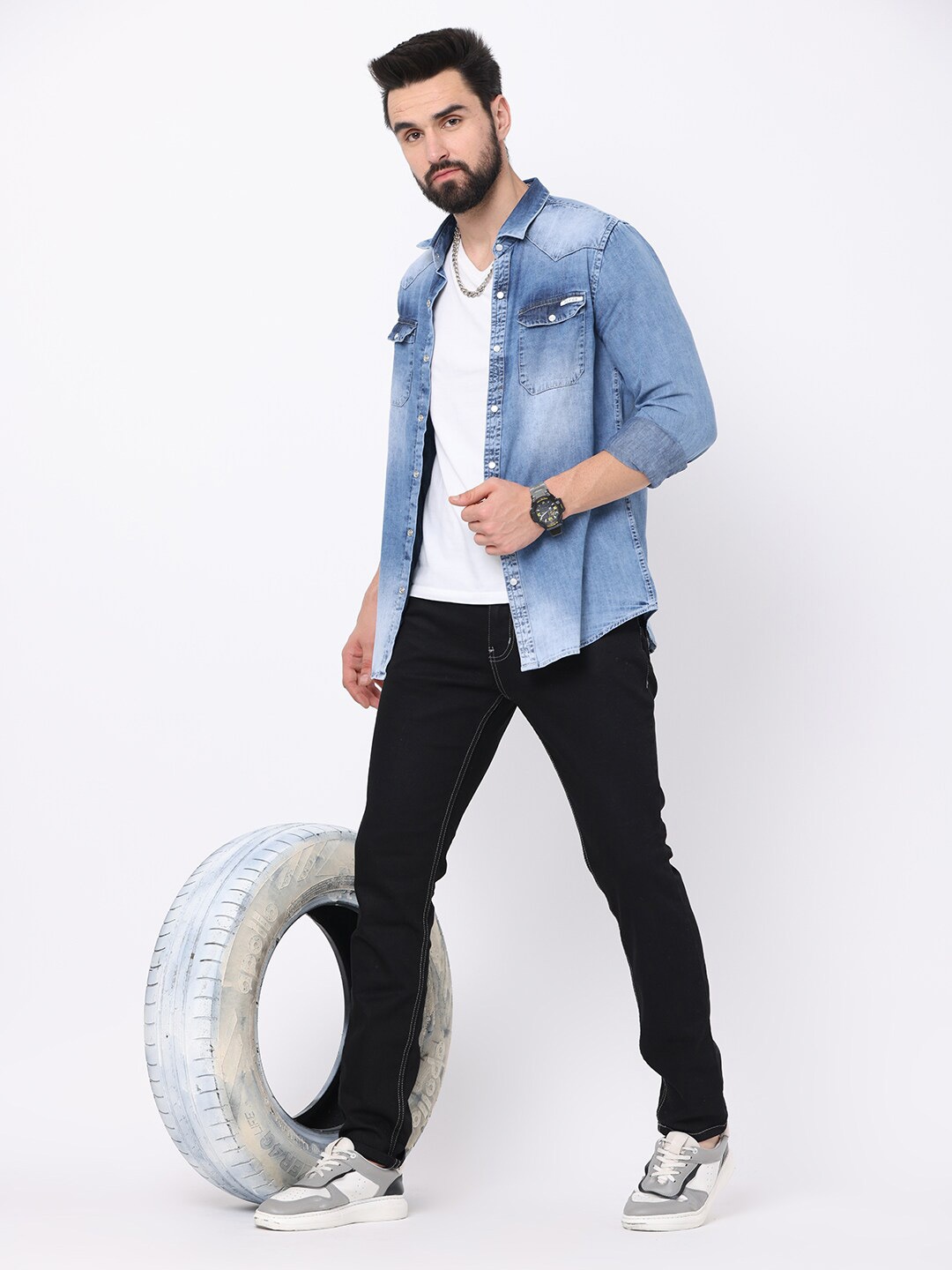 

FLY 69 Premium spread collar Long Sleeves Slim Fit Faded Casual Denim Shirt, Blue