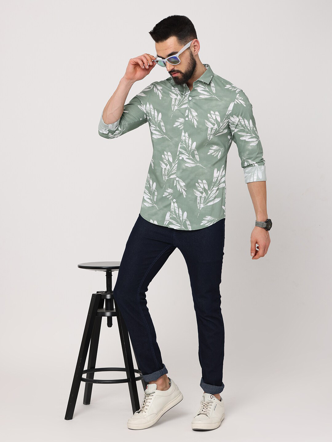 

FLY 69 Premium Slim Fit Floral Printed Pure Cotton Casual Shirt, Green