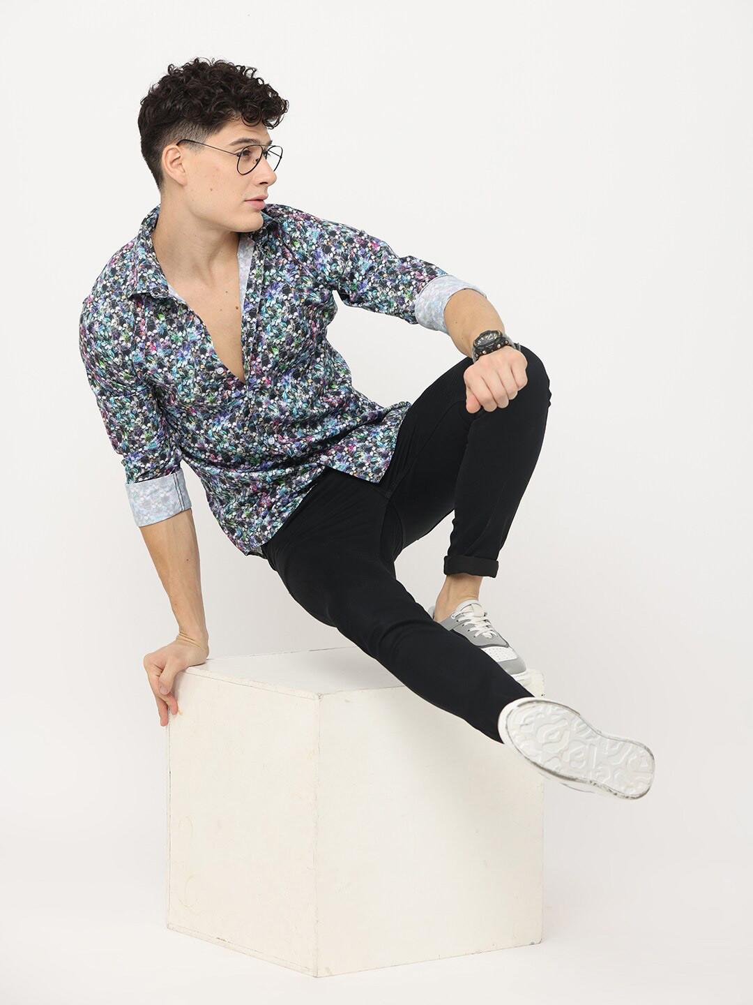 

FLY 69 Premium Spread Collar Long Sleeves Slim Fit Printed Casual Cotton Shirt, Black