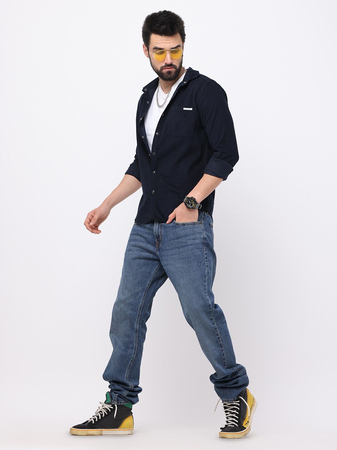 

FLY 69 Premium spread collar Long Sleeves Slim Fit Casual Shirt, Navy blue