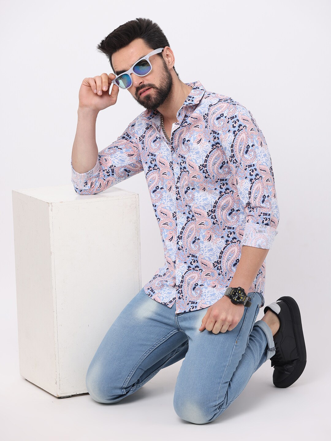 

FLY 69 Premium Slim Fit Floral Printed Pure Cotton Casual Shirt, Blue