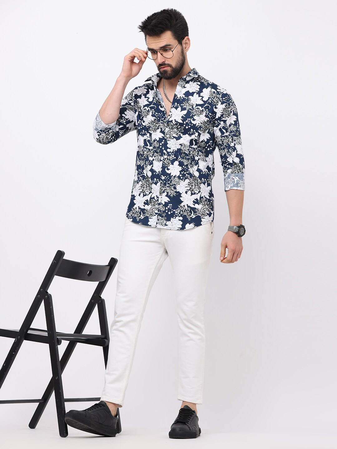 

FLY 69 Premium spread collar Long Sleeves Slim Fit Floral Printed Casual Cotton Shirt, Blue