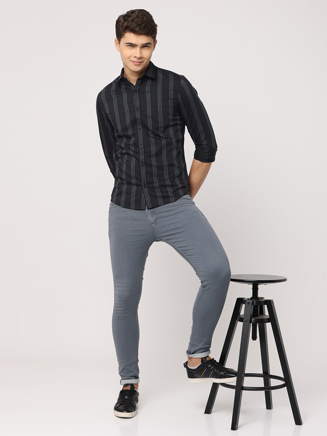 

FLY 69 Premium spread collar Long Sleeves Slim Fit Casual Cotton Shirt, Black