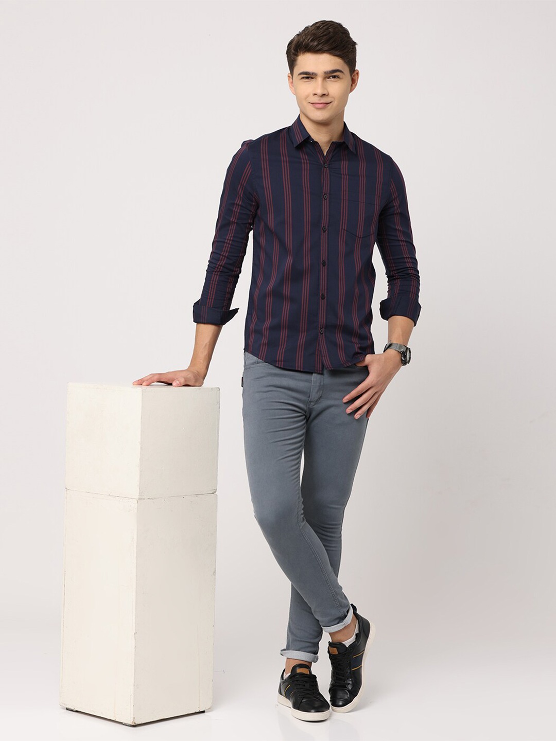 

FLY 69 Premium Spread Collar Long Sleeves Slim Fit Checked Casual Cotton Shirt, Navy blue