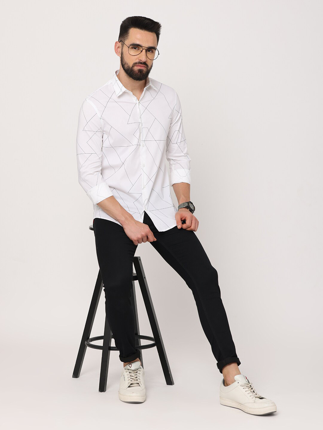 

FLY 69 Premium Spread Collar Long Sleeves Slim Fit Printed Casual Cotton Shirt, White