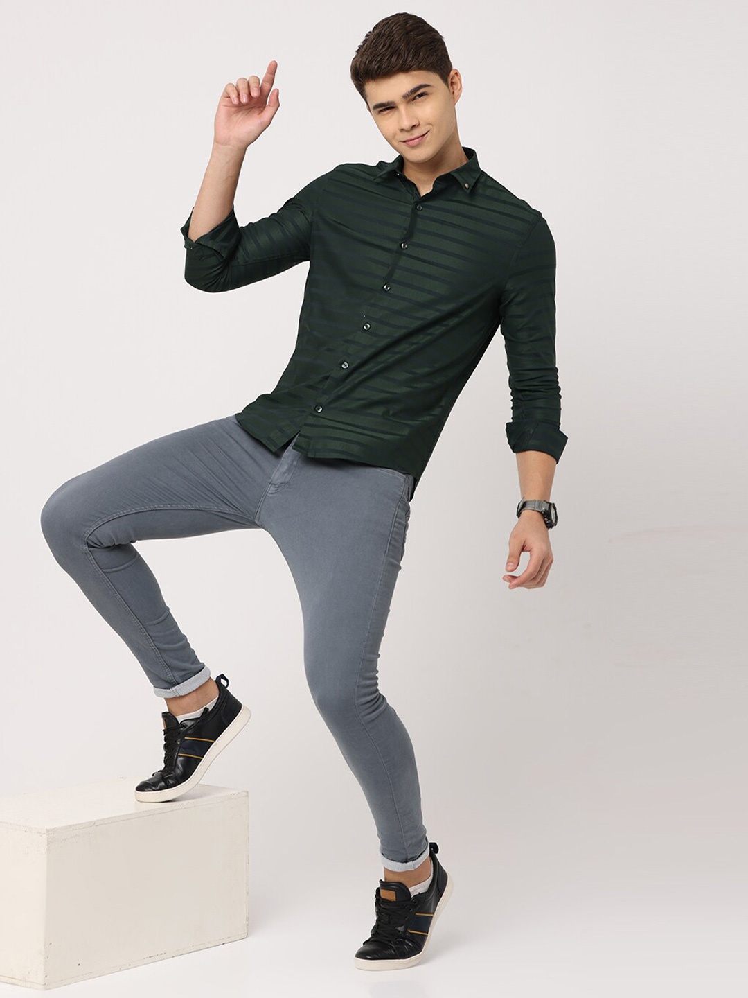 

FLY 69 Premium Slim Fit Striped Pure Cotton Casual Shirt, Green