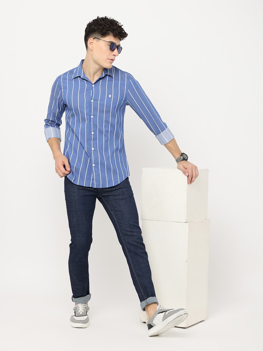 

FLY 69 Spread Collar Long Sleeves Premium Slim Fit Cotton Striped Casual Shirt, Blue