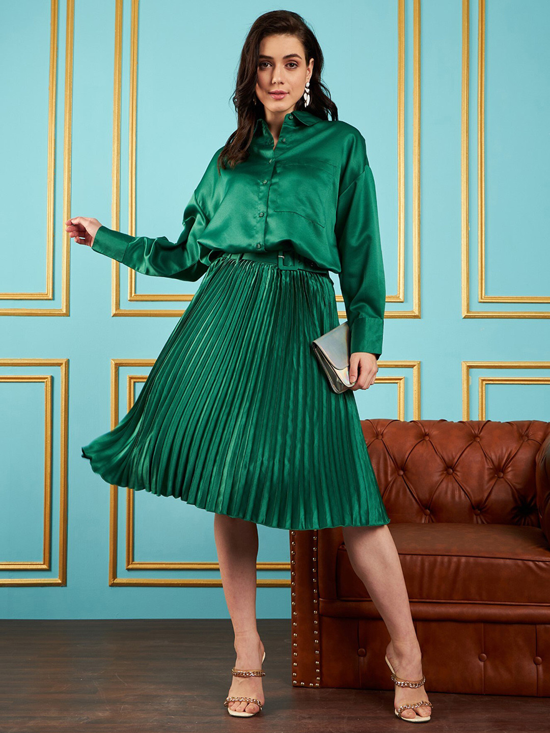 

SASSAFRAS Cuffed Sleeves Satin Belted Shirt With Midi Skirt, Green