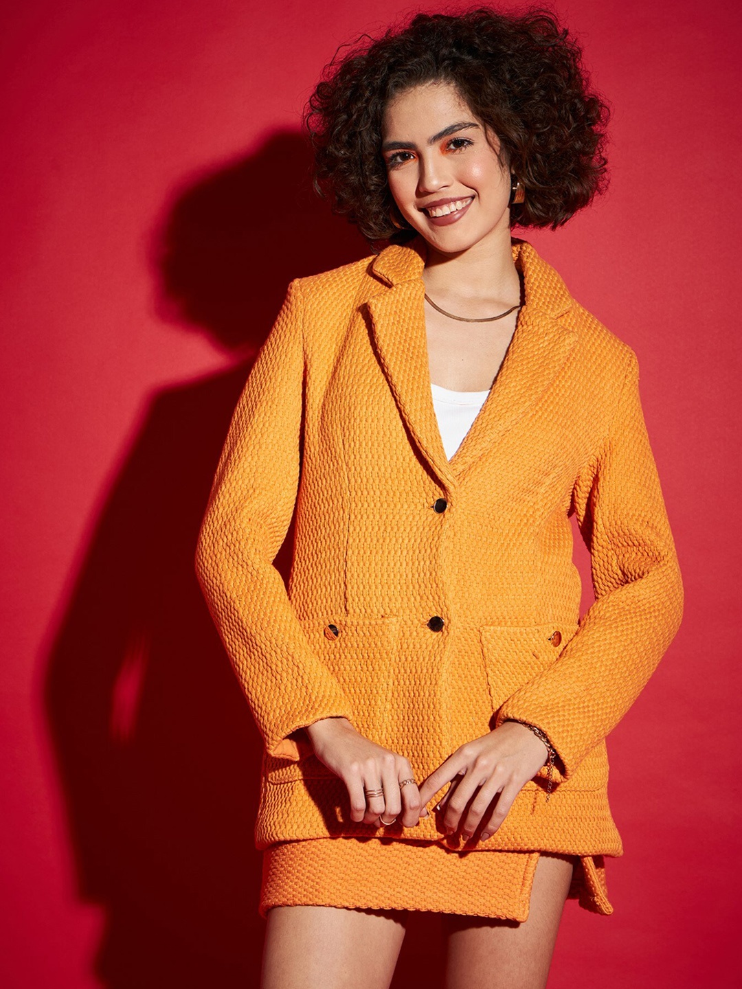 

SASSAFRAS Self Design Pure Cotton Tweed Blazer With Skirt Co-Ords, Orange