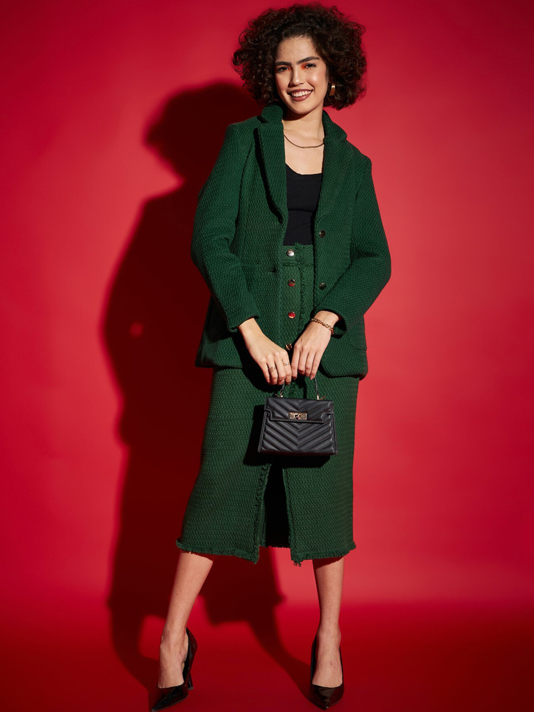 

SASSAFRAS Self-Design Notched Lapel Collar Pure Cotton Tweed Blazer With Skirt, Green