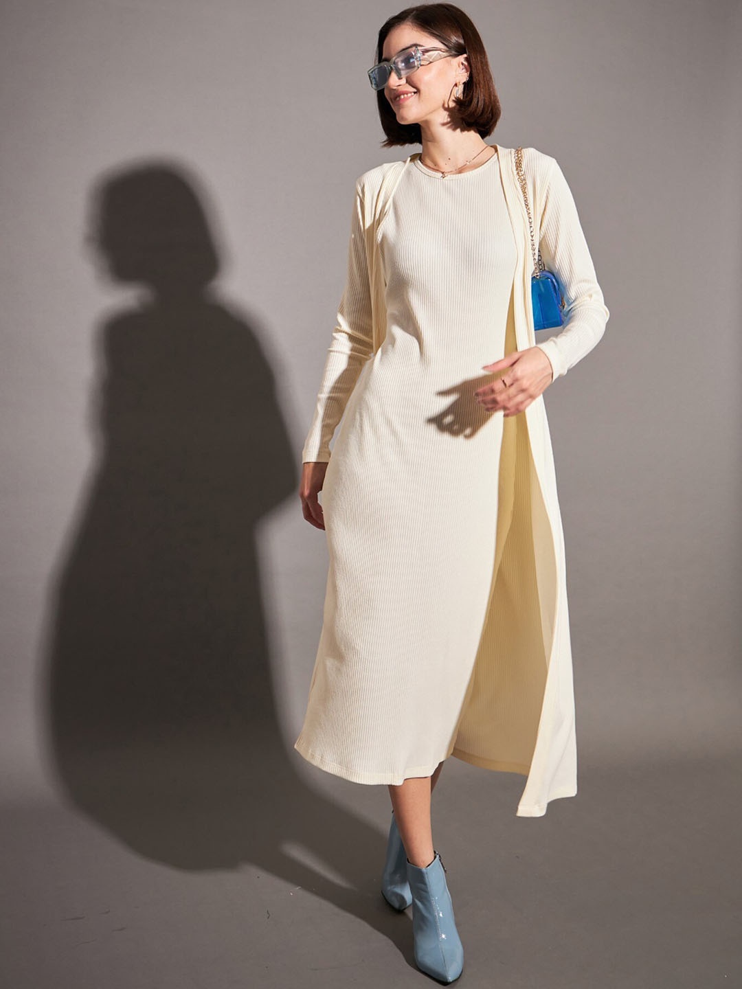 

SASSAFRAS Bodycon Midi Dress With Shrug, Off white