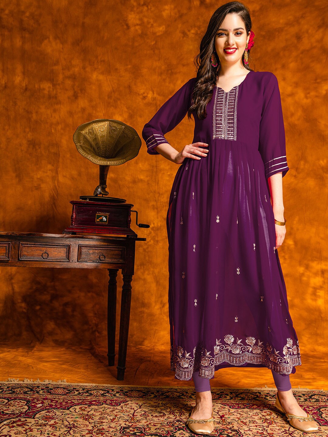 

KALINI Ethnic Motifs Embroidered Thread Work Detailed A-Line Naira Cut Kurta with Trouser, Purple