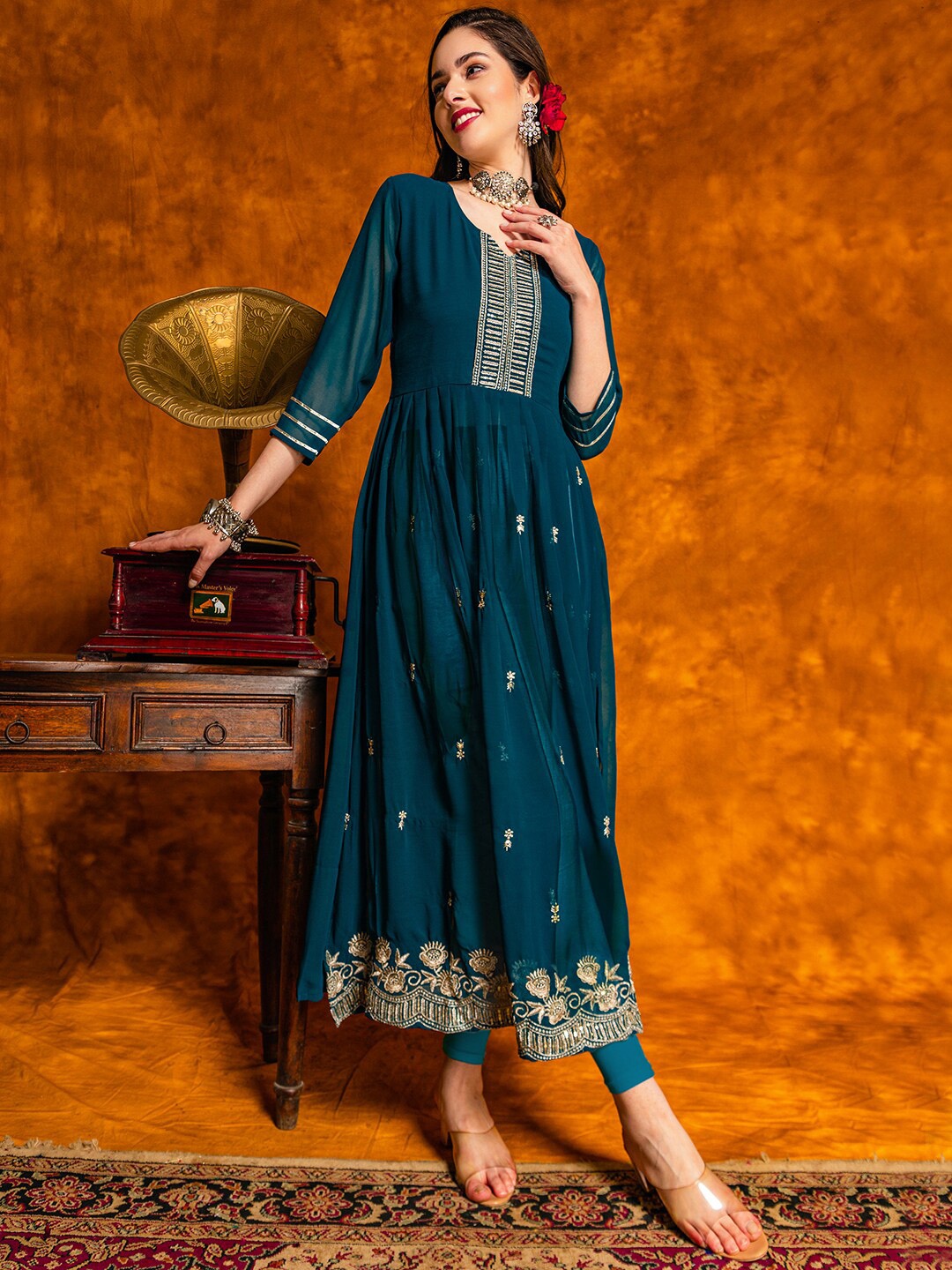 

KALINI Ethnic Motifs Embroidered Thread Work Detailed A-Line Naira Cut Kurta with Trouser, Teal