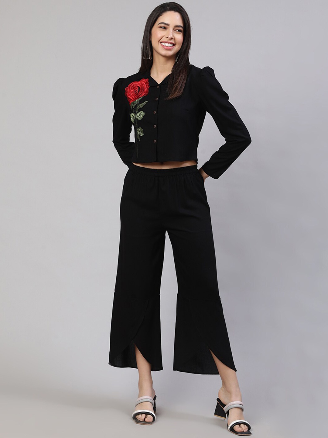 

AKIMIA Floral Embroidered Applique Detailed Shirt With Trouser, Black