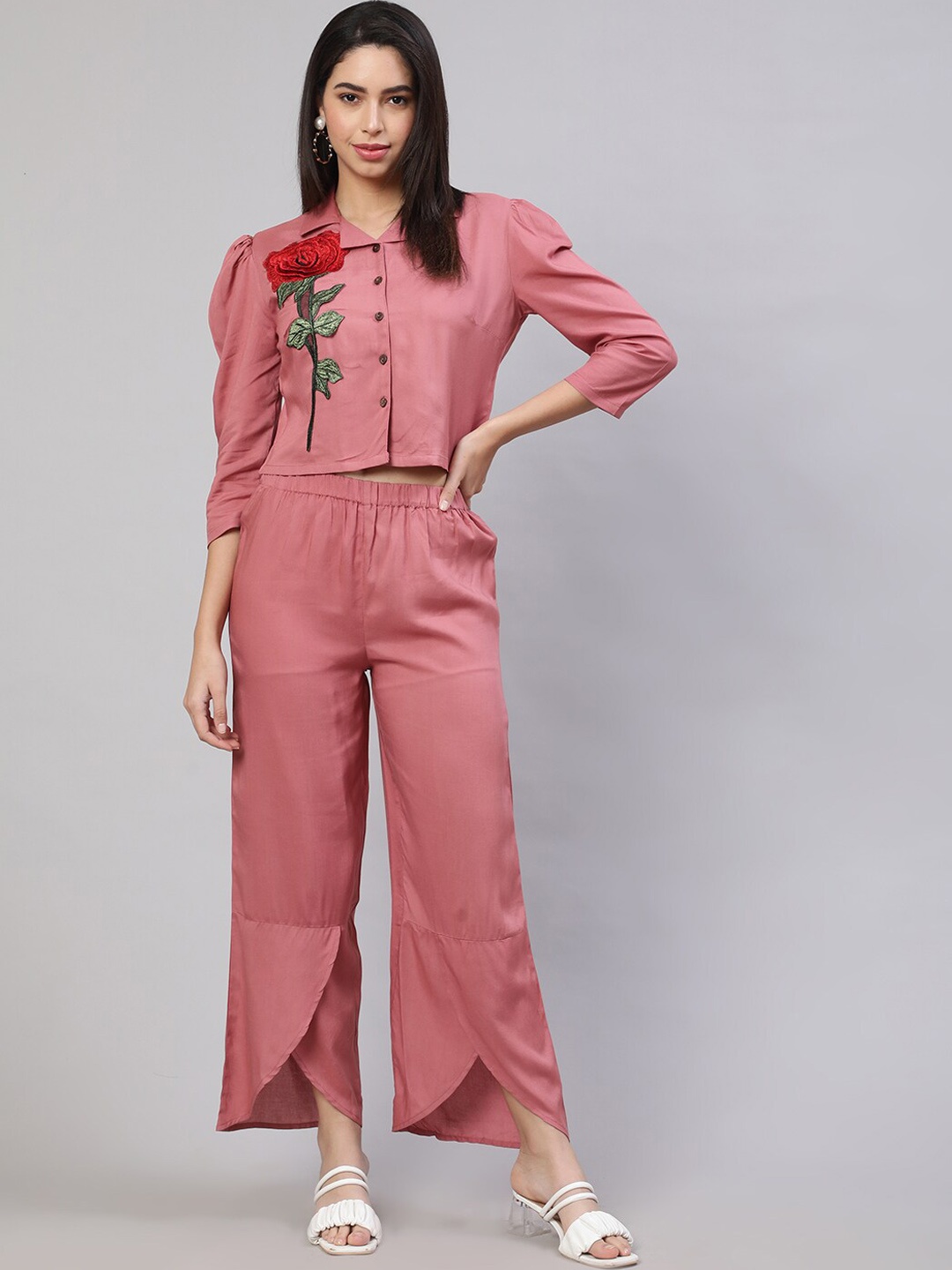 

AKIMIA Floral Embroidered Applique Detailed Shirt With Trouser, Pink