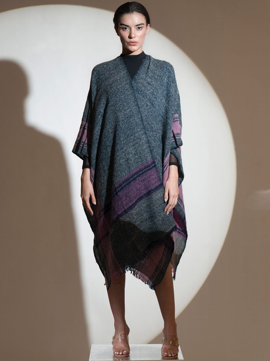 

KHALEEJ V-Neck Woollen Longline Poncho Sweater, Blue