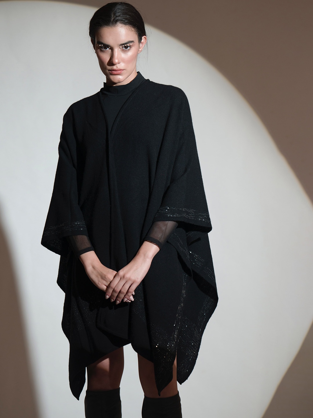 

KHALEEJ Embellished Woollen Longline Poncho, Black