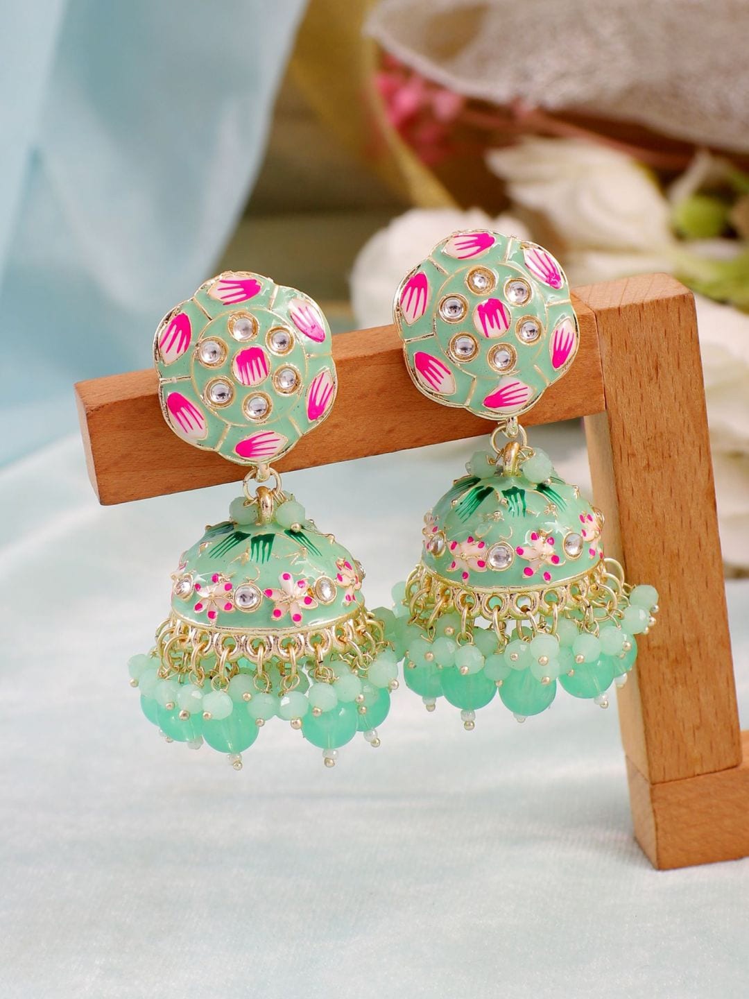 

Crunchy Fashion Gold-Plated Alloy Dome-Shaped Jhumkas Earrings, Sea green