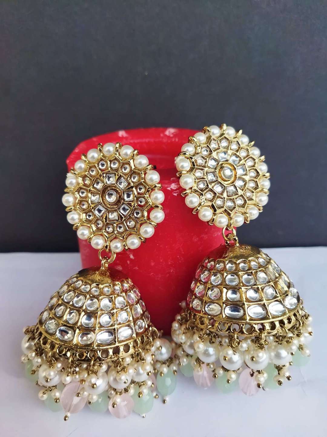 

Crunchy Fashion Gold-Plated Stone Studded & Beaded Classic Jhumkas
