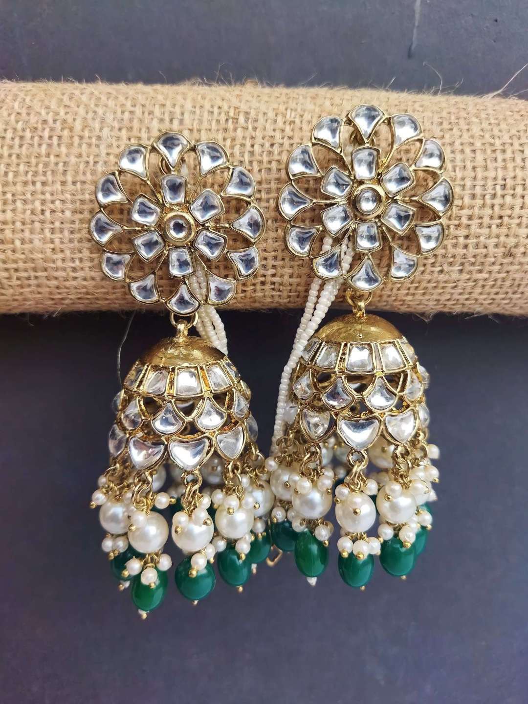 

Crunchy Fashion Gold-Plated Stone Studded & Beaded Classic Jhumkas With Ear Chains