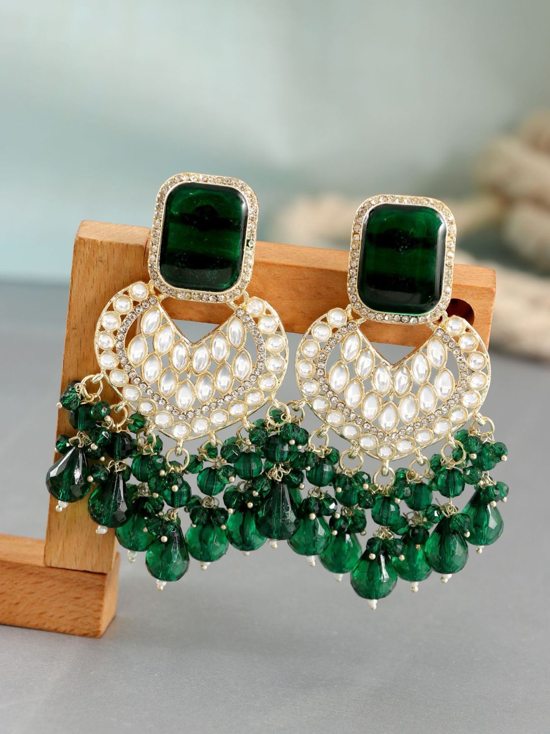 

Crunchy Fashion Gold-Plated Beaded & Stone Studded Classic Drop Earrings