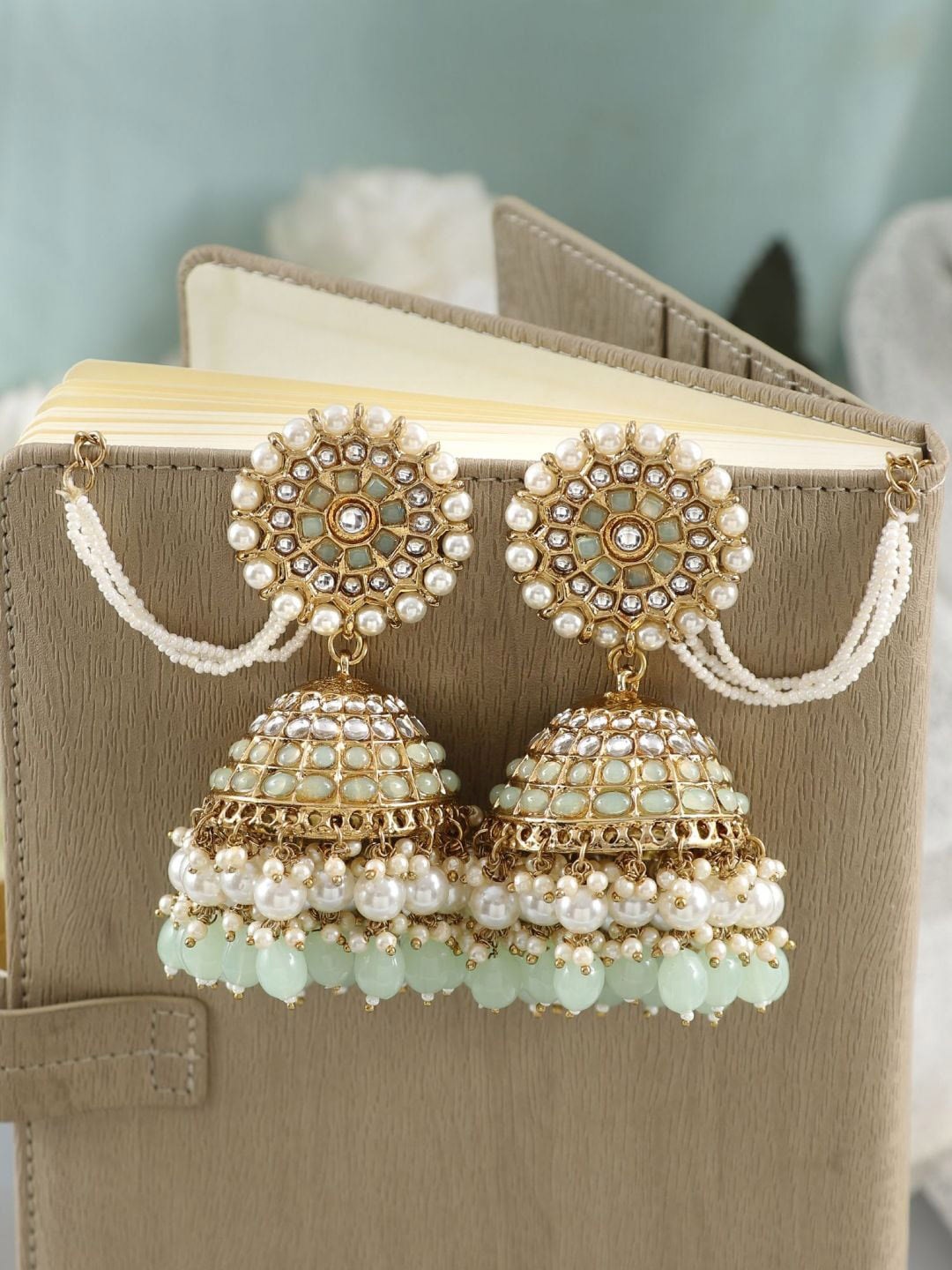 

Crunchy Fashion Gold Plated Beaded & Stone Studded Classic Jhumkas