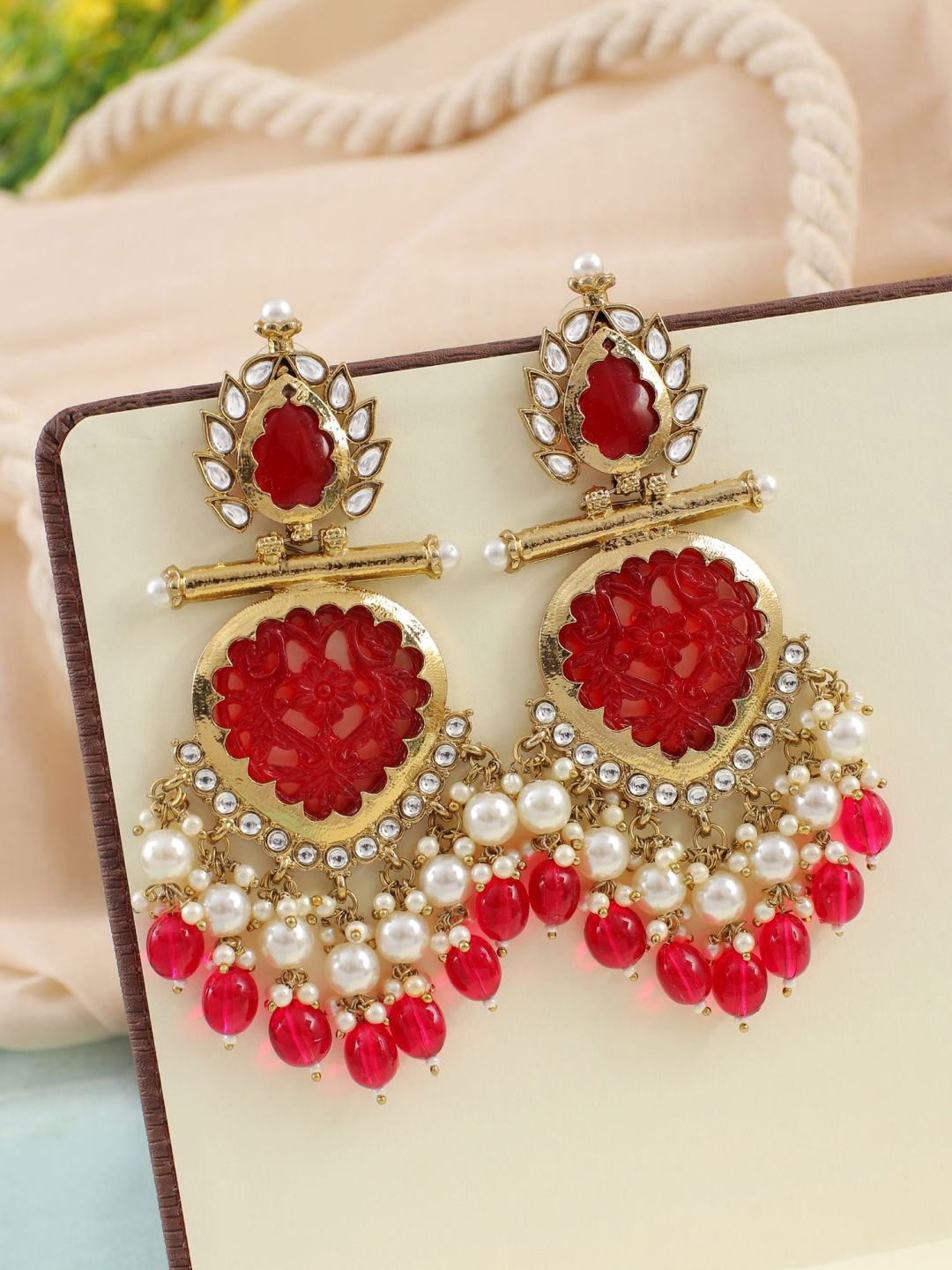 

Crunchy Fashion Gold-Plated Stone Studded & Beaded Teardrop Shaped Chandbalis, Red