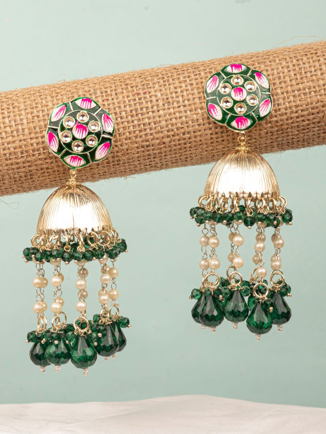 

Crunchy Fashion Gold-Plated Enameled Stone Studded & Beaded Classic Jhumkas