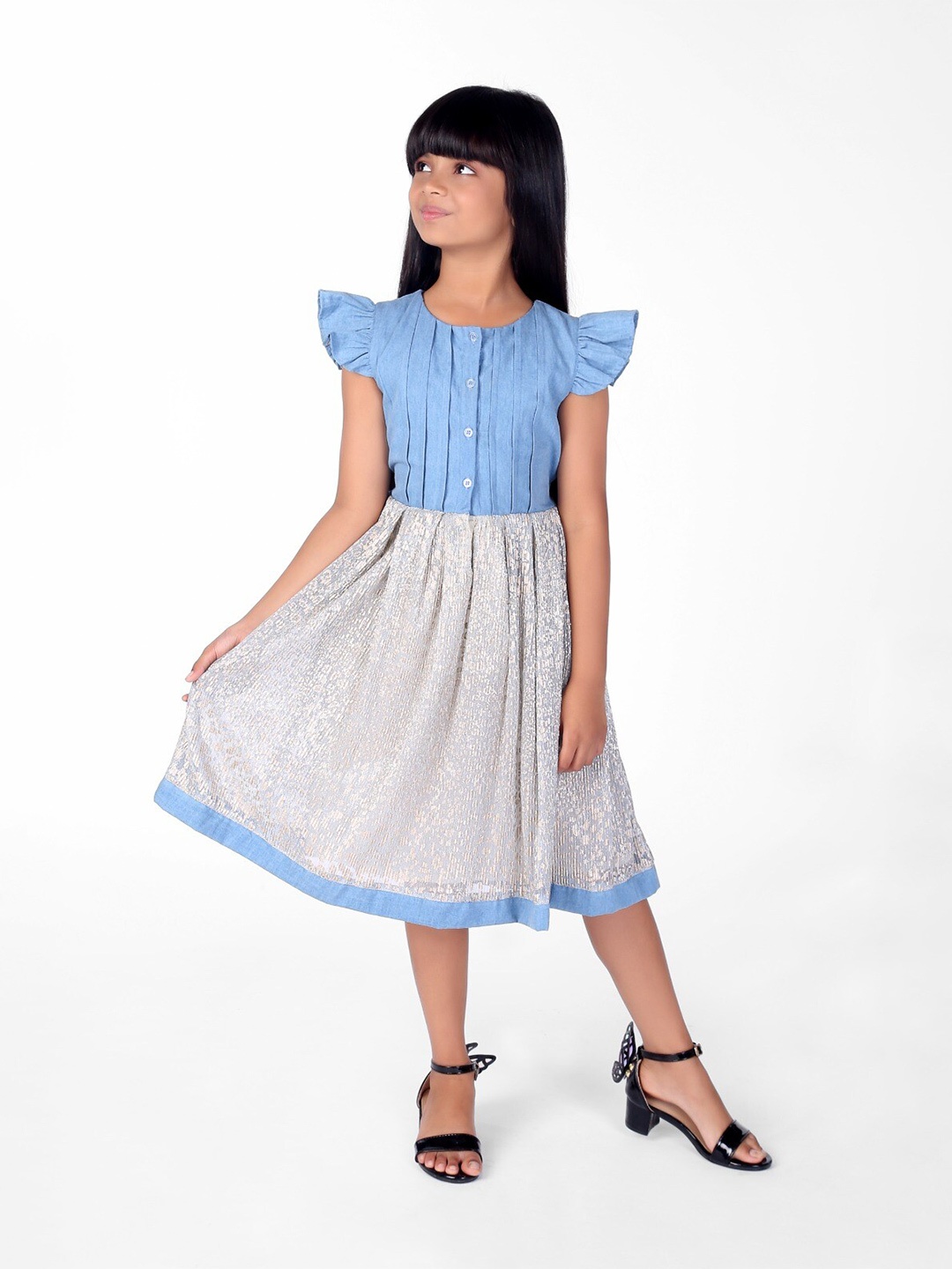 

ZIP ZAP ZOOP Girls Abstract Printed Flutter Sleeves Pure Cotton Fit & Flare Midi Dress, Blue