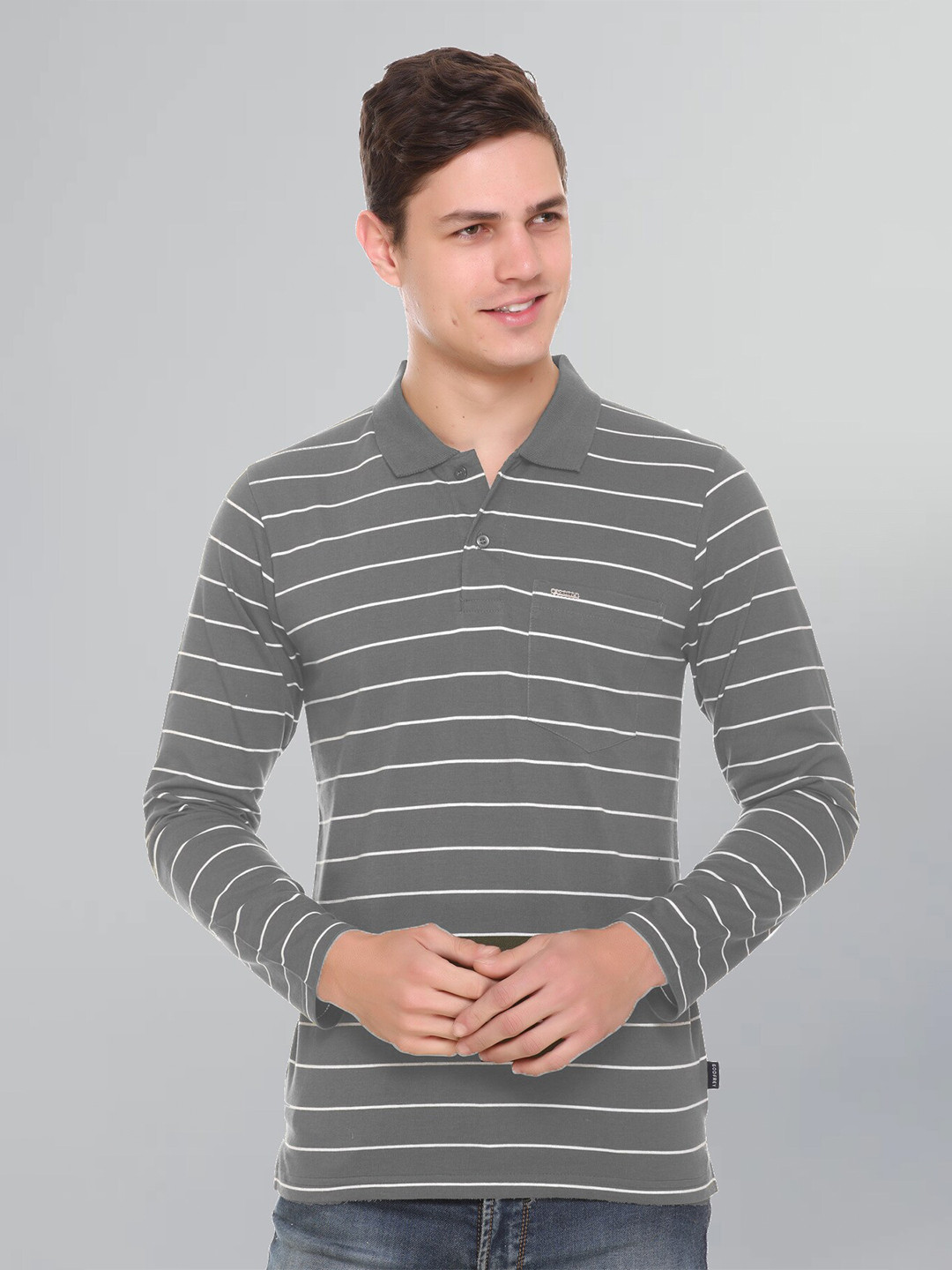 

GODFREY Striped Polo Collar T-shirt, Grey