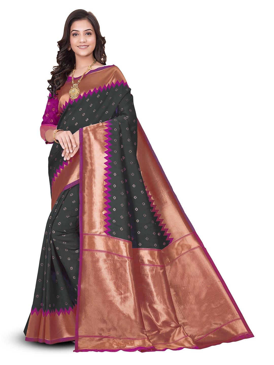 

MUKHITA Ethnic Motifs Woven Design Zari Kanjeevaram Saree, Black