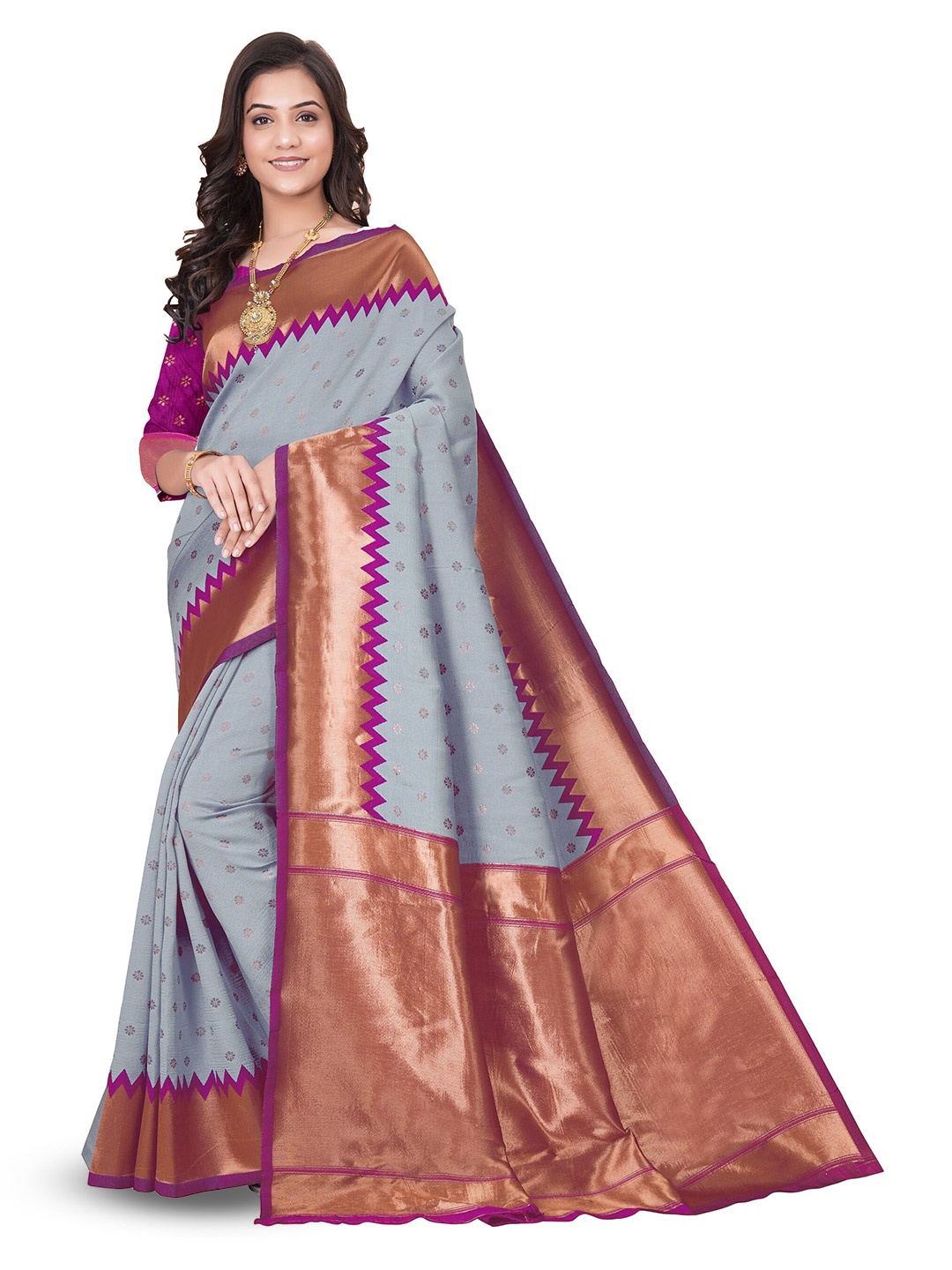 

MUKHITA Ethnic Motifs Woven Design Zari Kanjeevaram Saree, Grey
