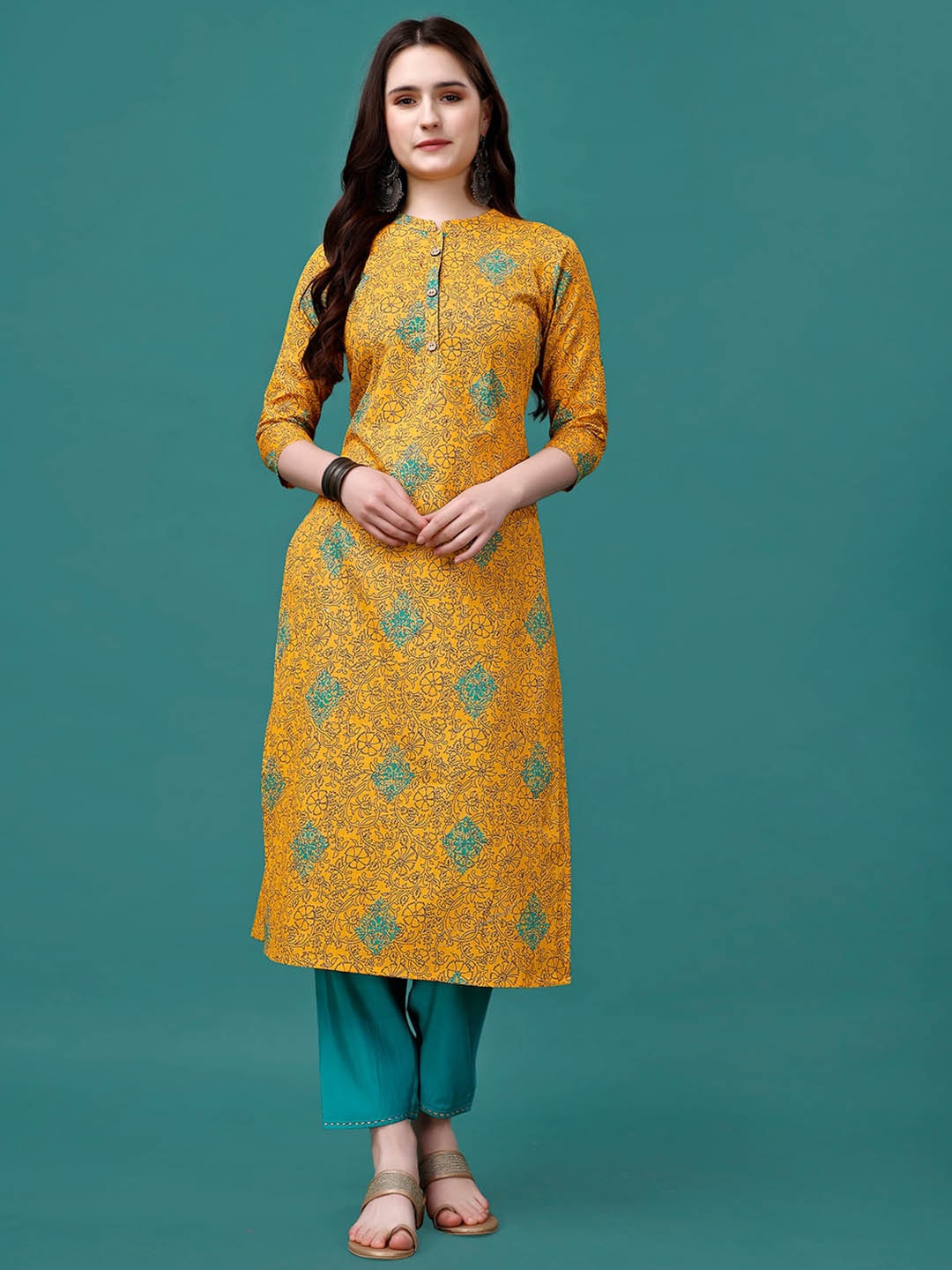 

KALINI Floral Printed Mandarin Collar Front Buttoned Pure Cotton Straight Kurta, Yellow