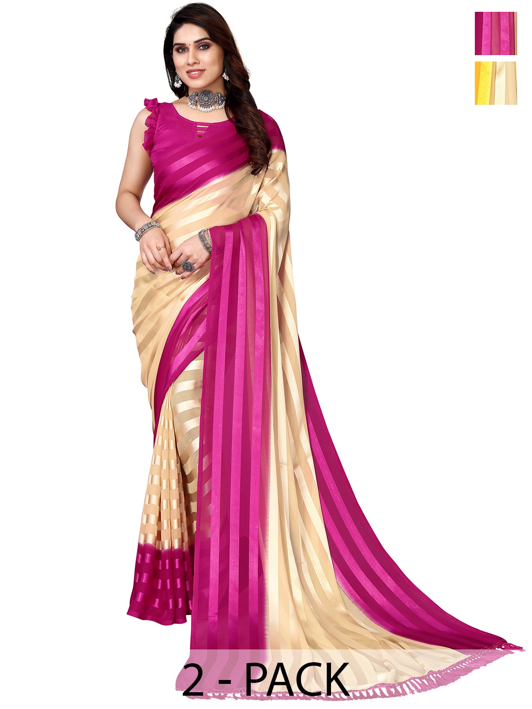 

ANAND SAREES Striped Zari Satin Saree, Gold