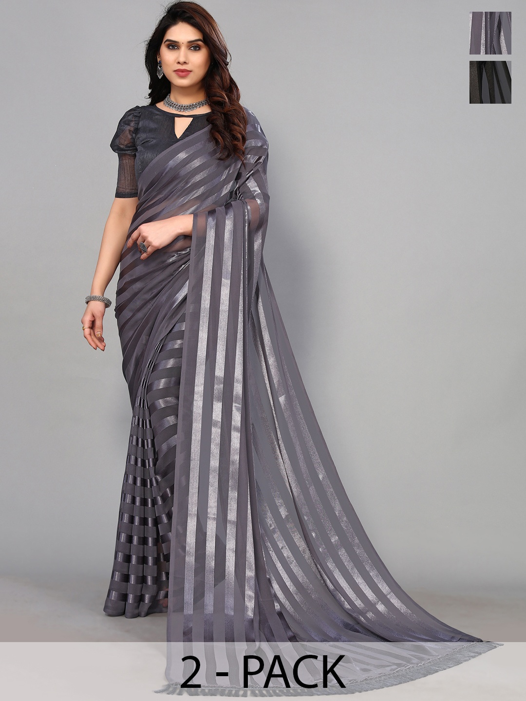 

ANAND SAREES Striped Satin Saree, Black