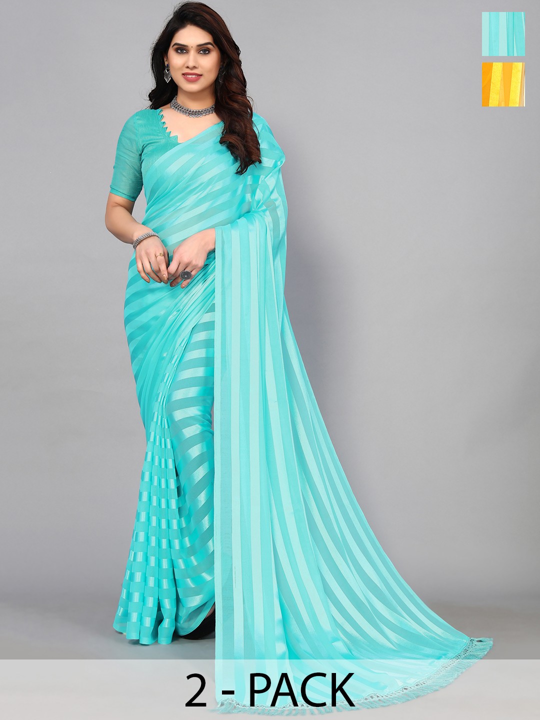 

ANAND SAREES Striped Satin Saree, Blue