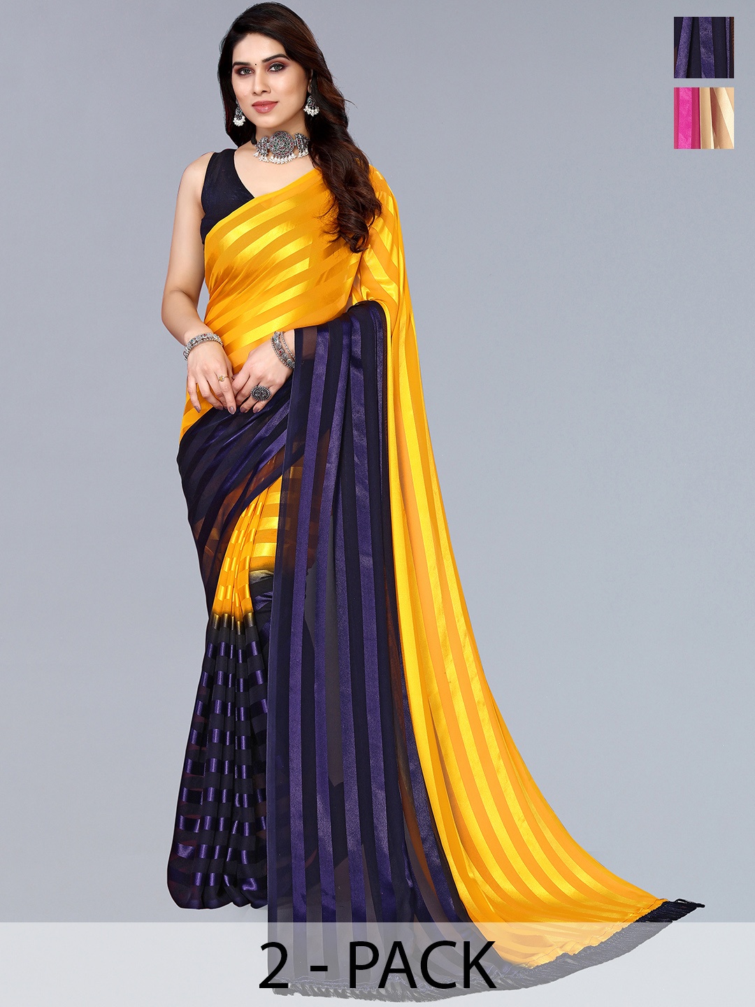 

ANAND SAREES Striped Satin Saree, Yellow