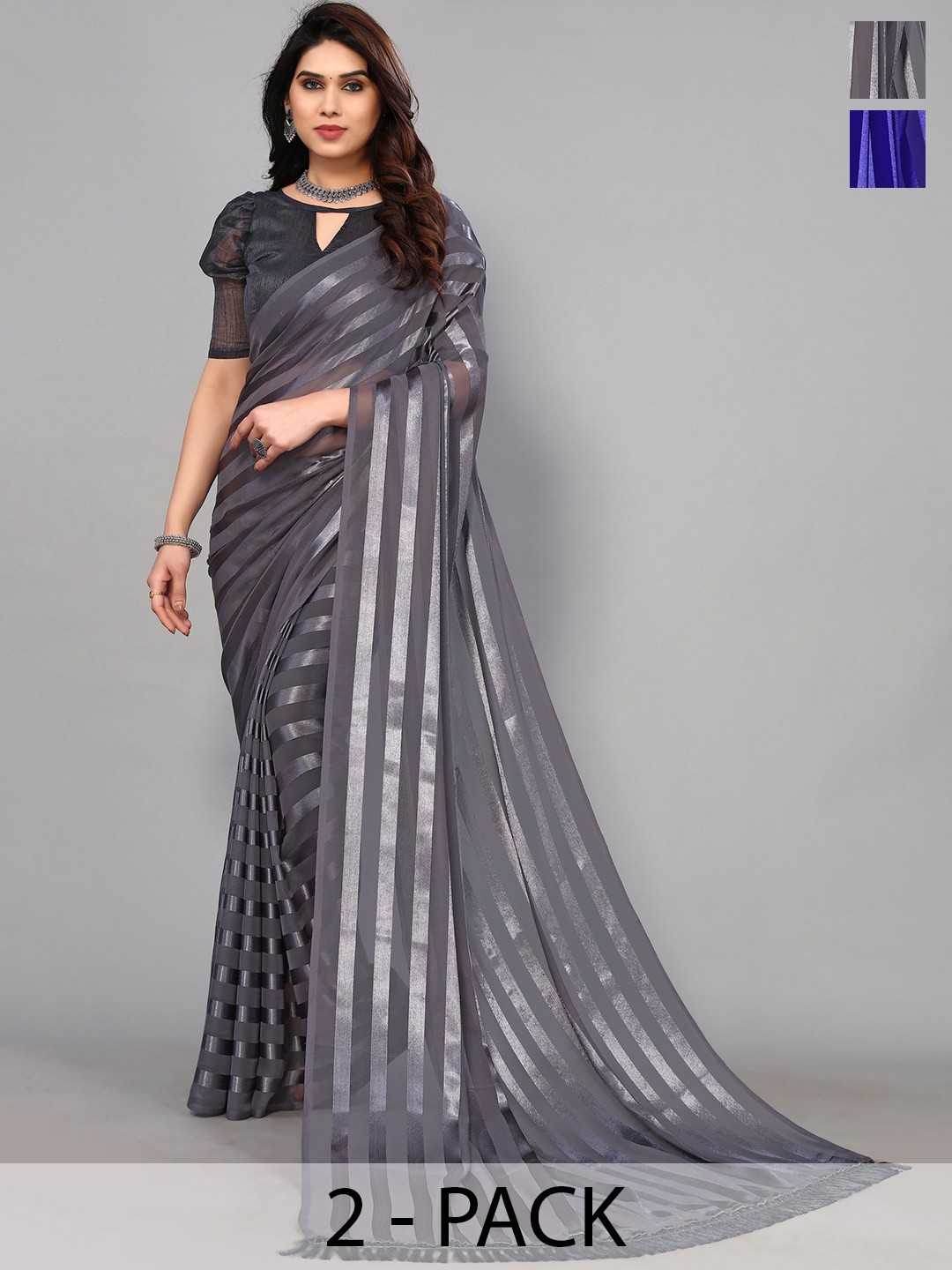 

ANAND SAREES Striped Satin Saree, Blue