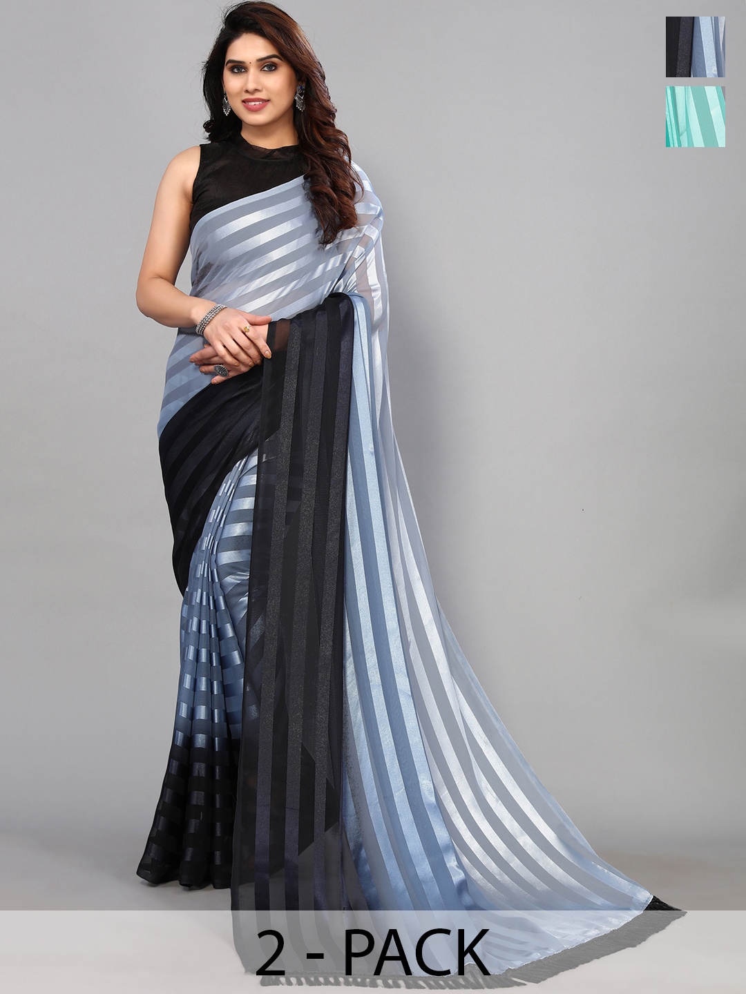 

ANAND SAREES Striped Satin Saree, Silver