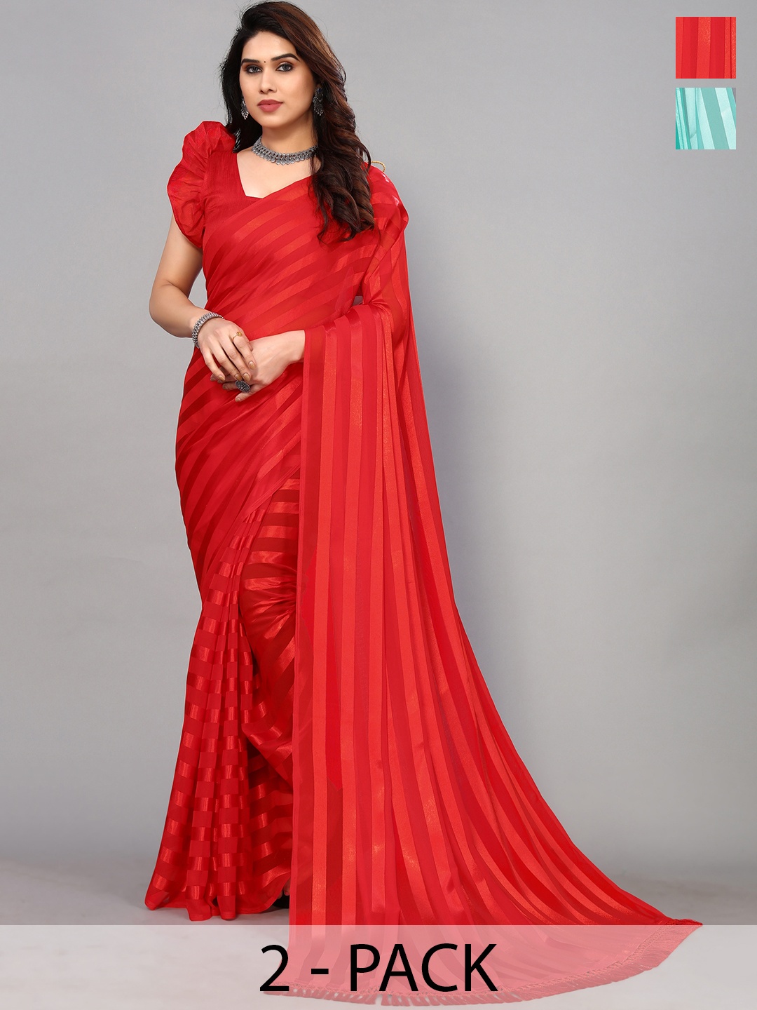 

ANAND SAREES Striped Satin Saree, Red