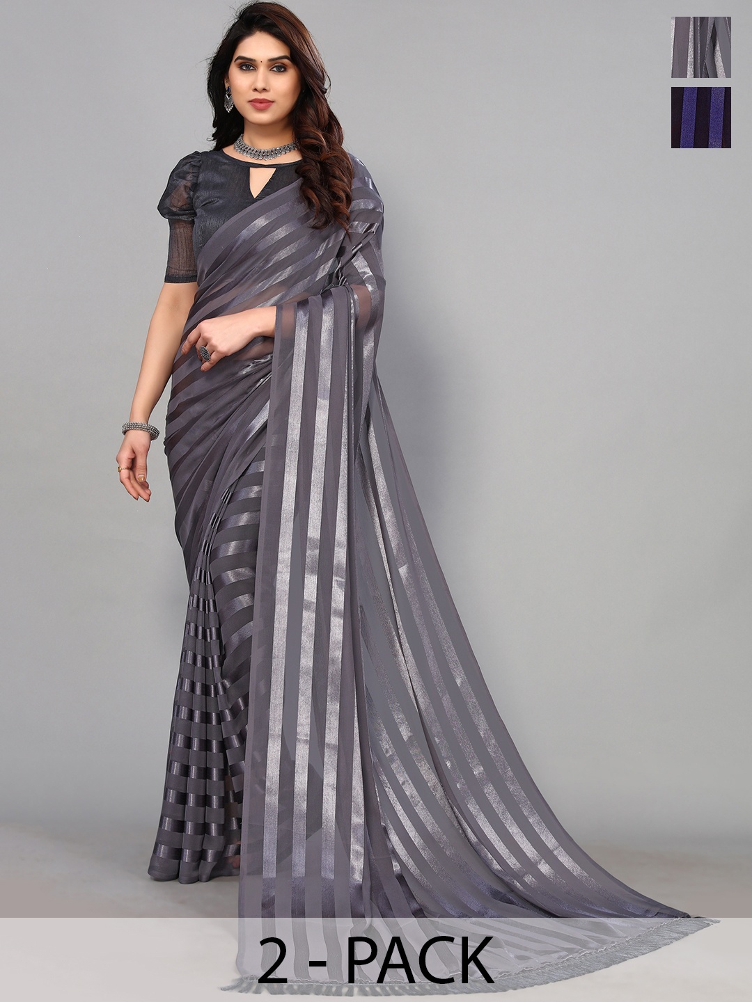 

ANAND SAREES Striped Zari Satin Saree, Grey