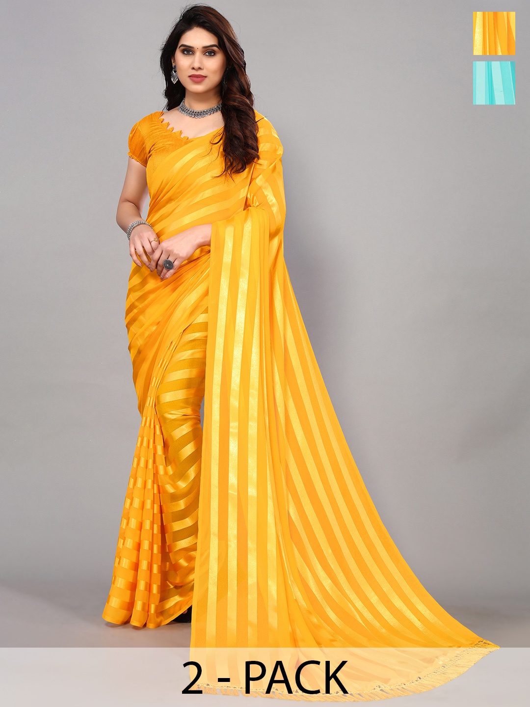 

ANAND SAREES Striped Satin Saree, Yellow