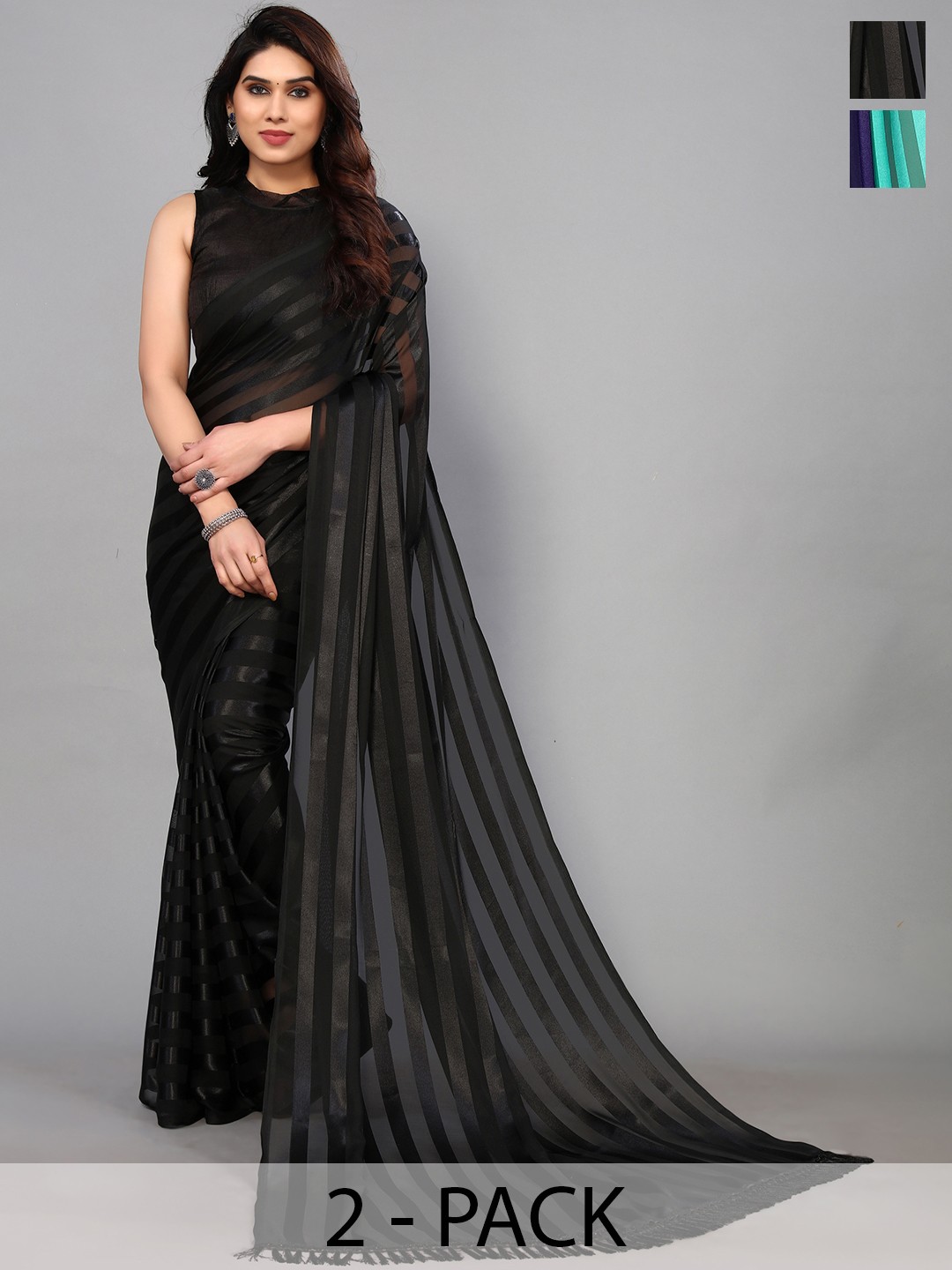 

ANAND SAREES Striped Zari Satin Saree, Black