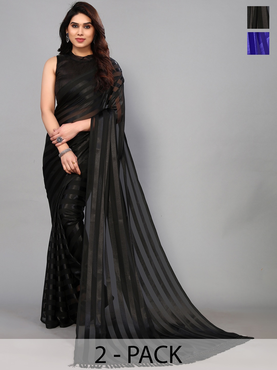 

ANAND SAREES Striped Satin Saree, Black