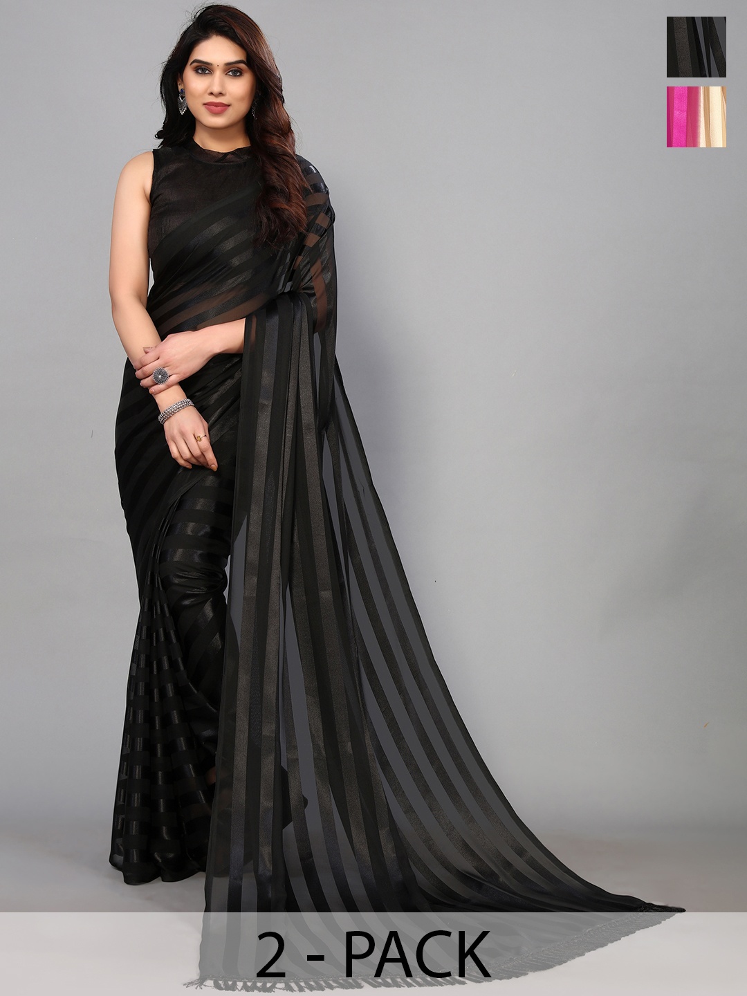

ANAND SAREES Striped Zari Satin Saree, Black