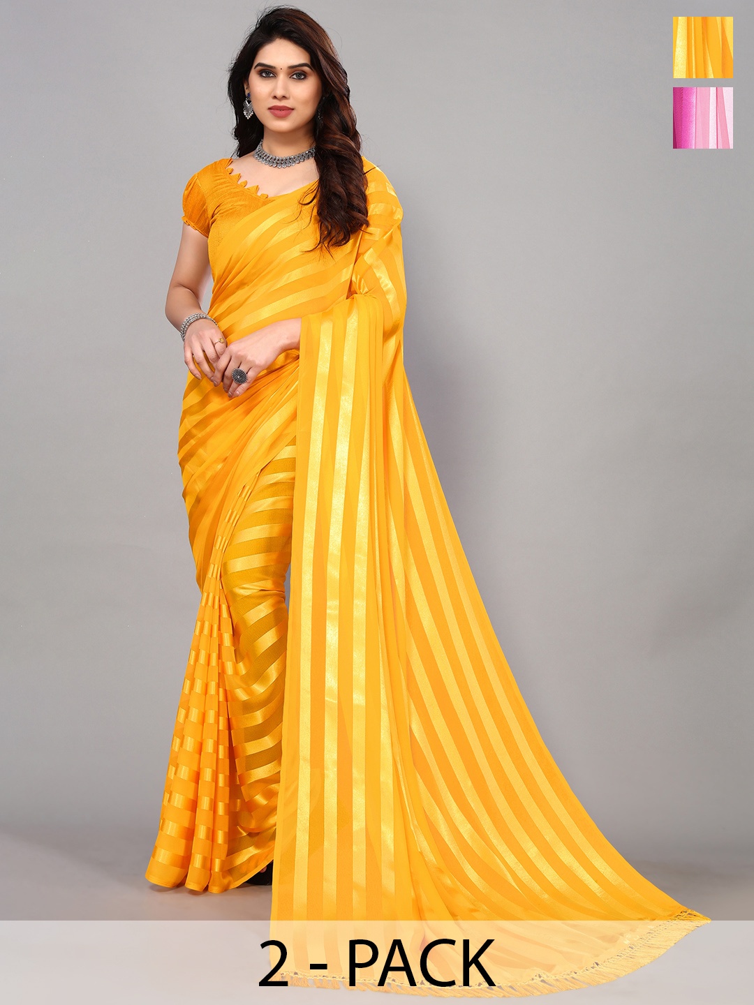 

ANAND SAREES Pack Of 2 Striped Satin Saree, Yellow