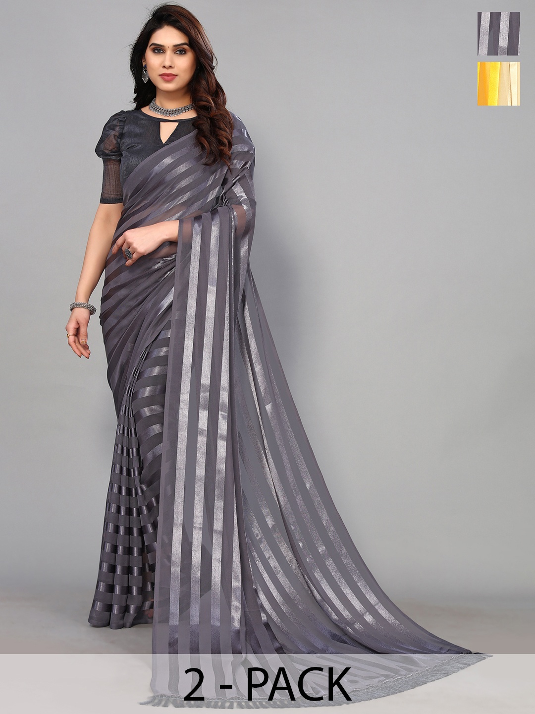 

ANAND SAREES Striped Satin Saree, Grey