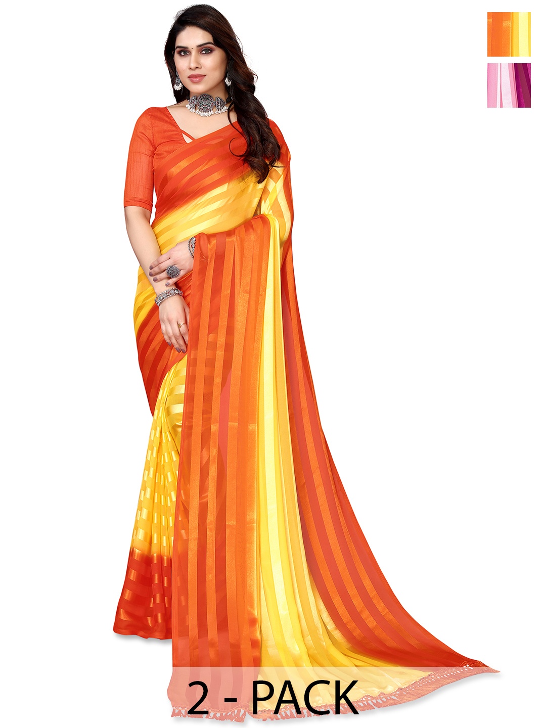 

ANAND SAREES Pack Of 2 Striped Zari Satin Saree, Yellow