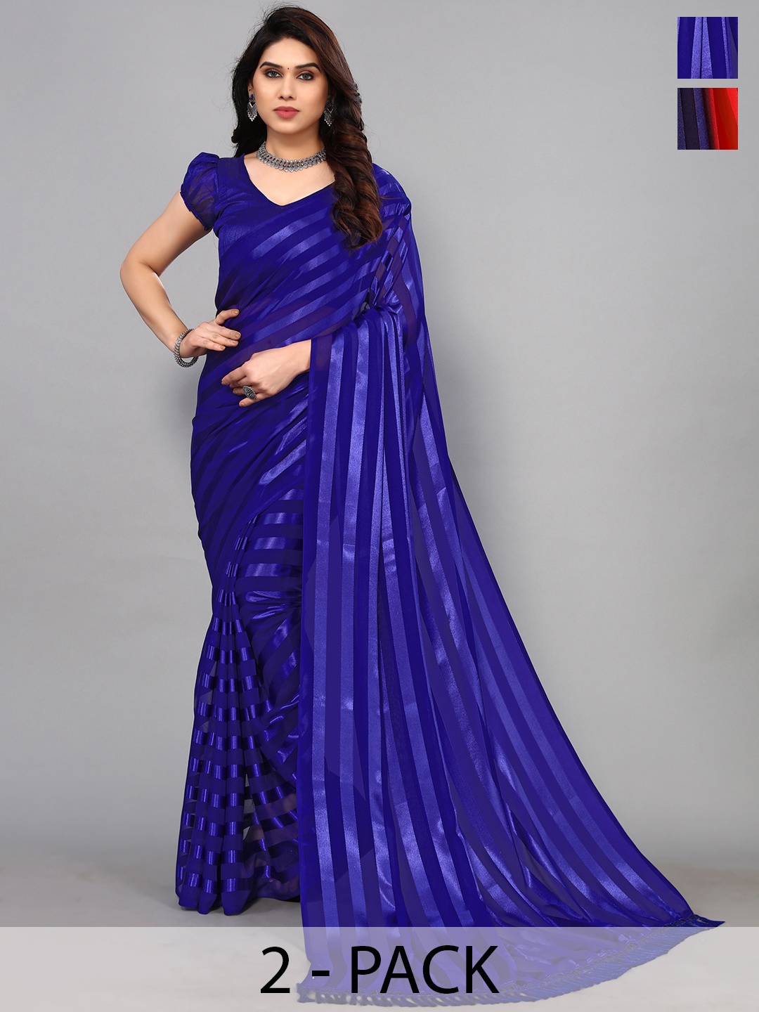 

ANAND SAREES Striped Satin Saree, Blue